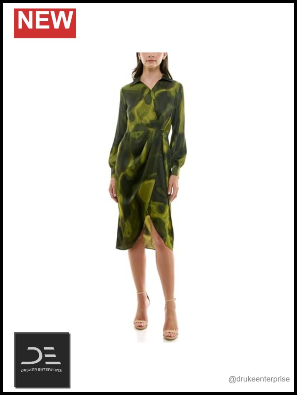Long Sleeve Surplice Satin Shirt Dress Semi Formal Below Knee